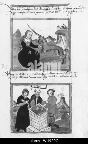 Cartes de Tarot - la légendaire licorne, dompté par une vierge, d'un MS. médiévale. Banque D'Images