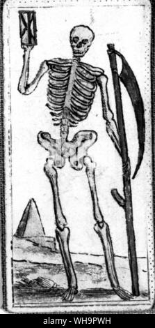La carte de tarot - la mort comme un squelette avec une faux et le sablier dans un pack italien du 17ème siècle. Banque D'Images