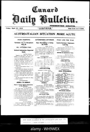 WW1/ Bulletin quotidien de Cunard. Le 23 avril 1915. Fiche d'actualité publié sur le "Lusitania" du dernier voyage contenant du dernier concert jamais organisé à bord Banque D'Images