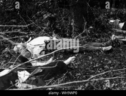 WW1/ les cadavres de trois communistes tchèques, des soldats de l'Armée rouge qui avaient été faits prisonniers à la bataille de Samara (la ville actuelle de Ulijanovsk) par des légionnaires tchèques et exécuté le 5 juin 1918 sans procès pour avoir combattu dans les rangs de l'Armée Rouge. Banque D'Images