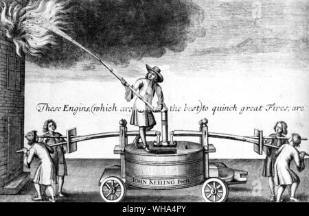 Un dix-septième siècle, John Keeling squirt incendie Incendie du moteur. Dans l'absene de pompes à tuyau flexible et efficace, matériel de lutte contre l'incendie était tout à fait insuffisant pour faire face à toute épidémie à grande échelle. Tiré de l'anglais Samuel Pepys, diariste et administrateur de la marine ; conservés diary 1660-1669 1893-1899 (publié) ; président de la Société royale d' 1633-1703 1684-1686 Banque D'Images