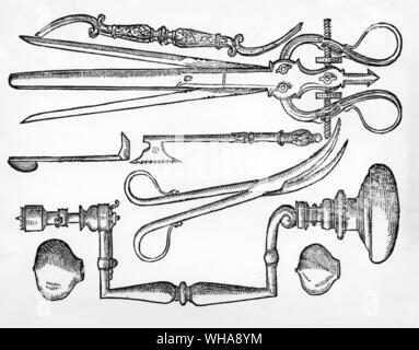 Les instruments chirurgicaux 16ème siècle. De William Clowes profitable et nécessaire d'observations livre de Londres. 1596 Banque D'Images