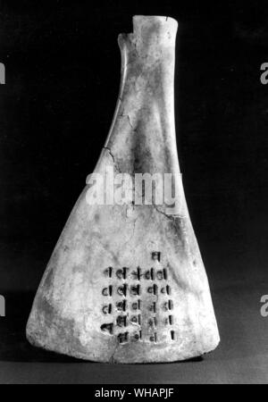 Un bœuf scapula traités pour la prise d'oracle, fouillé en 1971 à Anyang, Honan. L'omoplate présente de petites fosses creusées à l'aide d'un burin au bord de laquelle un point de bronze a été appliqué. À partir de la forme de la fissure fourchue ainsi causé sur l'autre côté de l'os ont été lus réponses aux questions qui sont inscrits. Entre les mailles d'une ligne caractéristique avec un épi court a donné la forme typique de la pu idéogramme "à prendre un oracle'. Le site inscrit le bon choix des peines victimes animales pour des sacrifices aux ancêtres identifiés par le numéro d'un jour (leur offrant la journée) dans le cycle de dix jours. L Banque D'Images