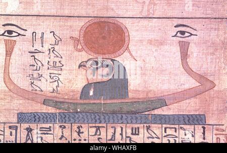 Barque de Papyrus funéraires RA-Ra-horakhty. Ra-Horakhty . "Horus dans l'horizon" est une combinaison des dieux Horus et Ra. Horus était un dieu du ciel, et Ra est le dieu du soleil. Ainsi, Ra-Horakhty a été imaginé comme le dieu du soleil levant. Apparence : l'homme à tête de faucon, avec un disque solaire. . . . Banque D'Images