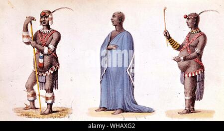 Dingaan (Dingane) dans sa robe de danse. Dingane kaSenzangakhona (ca.1795-1840) était un chef zoulou qui devint roi en 1828. Il est arrivé au pouvoir après l'assassinat de son demi-frère Shaka avec l'aide d'un autre frère Umthlangana, ainsi que Shaka's advisor Mbopa. Le royaume zoulou a joué un rôle majeur dans l'histoire de l'Afrique du Sud au cours du xixe siècle. . Dingiswayo Banque D'Images