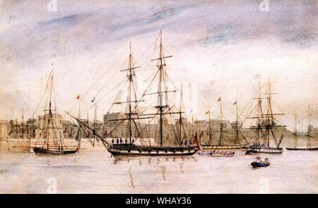 Le HMS Beagle dans le port de Sydney 1841.Le navire qui, de Charles Darwin (1809-1882) est entré comme naturaliste pour l'exploration de la côte de l'Amérique du Sud en 1831-1836. À partir d'une aquarelle de 1841 Owen Stanley (1811-1850).. . Banque D'Images