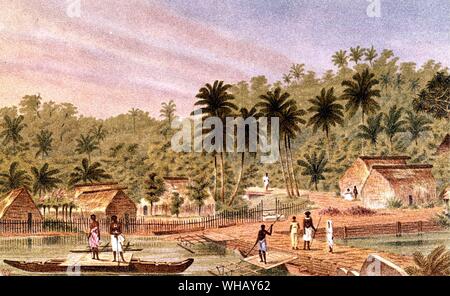 Village d'Hgaloa Kandan, Fidji. par J. J. Wild à partir de son livre, à l'ancre. Récit d'expériences à flot et à terre pendant le voyage de H.M.S. Challenger (1878). Le voyage de la Challenger, par Eric Linklater page 181.. Le Challenger est remarquable pour l'exécution de la première expédition de recherche marine et est sans parallèle dans l'histoire de la recherche scientifique. Le navire a également été le premier navire à vapeur à traverser le cercle antarctique, bien que ce n'était pas l'objet du voyage. Le Challenger a fait d'importantes recherches dans le Pacifique et en 1862 elle a participé à des opérations contre le Mexique, Banque D'Images