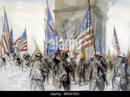 La Première Guerre mondiale. Charles FouQueray (1869-1956). Le drapeau US sur la voie triomphale Paris, Musée des deux guerres mondiales (le drapeau américain sur la voie triomphale, Musée des deux guerres mondiales). La Grande Guerre, par Correlli Barnet, page 156. Banque D'Images