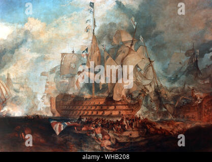 La victoire, peint par Joseph Mallord William Turner (1775-1851) qui est allé pour visiter le navire à Sheerness quand elle a été amenée en Angleterre un mois après la bataille.. Banque D'Images