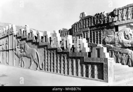 Palais Apadana , Persepolis : ancienne ville de Perse , capitale de l'Empire perse , fondée par Darius . Près de Shiraz, Iran moderne . . Les murs étaient sol carrelé et décoré avec des photos de lions , taureaux , et de fleurs Banque D'Images