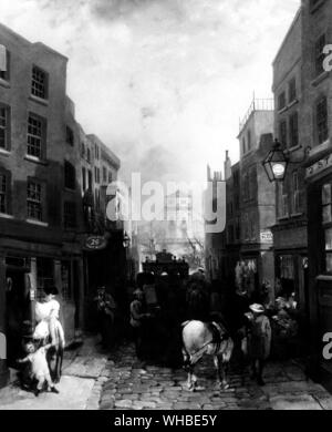 Blackingham Stand Street Londres par Edmund John Niemann. . 'Buckingham Street, Strand', 1854. Londres malgré la scène de rue avec des magasins. une femme tire le long d'un enfant, sur la gauche, avec un carthorse debout dans la rue pavée. La vue est à la recherche vers Hungerford Suspension Bridge, achevé en 1845, mais démoli en 1859-1860 pour faire place à Pont de Charing Cross. Les chaînes de l'ancien pont ont été plus tard utilisé pour le pont suspendu de Clifton à Bristol. . Banque D'Images