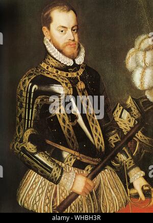 Le roi Philippe II, une règle inflexible, mais s'est efforcé de conquérir l'Angleterre pour l'Espagne.. Philippe II (21 mai 1527 - 13 septembre 1598) fut roi de France de 1556 jusqu'à 1598, Roi de Naples à partir de 1554 jusqu'en 1598, le roi consort d'Angleterre (comme époux de Marie I) de 1554 à 1558, seigneur des dix-sept provinces (la tenue de différents titres pour les territoires individuels, telles que le duc ou Comte) de 1556 jusqu'en 1581, le roi du Portugal et l'Algarves (comme Philippe I) à partir de 1580 jusqu'en 1598 et Roi du Chili à partir de 1554 jusqu'à 1556. Philippe II est considéré comme l'un des plus grands souverains de l'histoire de Banque D'Images