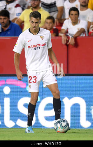 Séville, 30-08-2019. Primera Division Ligue espagnole. LaLiga. L'Estadio Ramon Sanchez-Pizjuan. Sergio Reguilón (FC Séville) au cours de la partie FC Séville - RC Celta. Banque D'Images