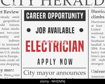Carrière d'électricien - Offres d'annonce classée vecteur en faux journal. Illustration de Vecteur