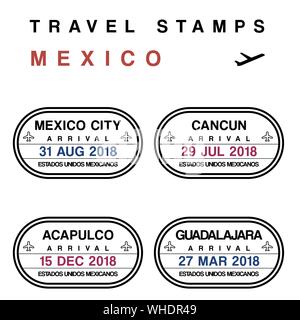 Vecteur de voyage - jeu de timbres de passeport (timbres fictifs). Destinations Mexique : Mexico, Acapulco, Cancun et Guadalajara. Illustration de Vecteur