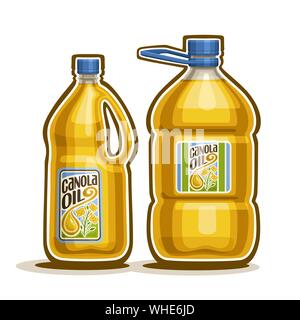 Grand Vecteur de bouteilles en plastique jaune avec de l'huile de canola et l'étiquette, gallon rempli canister cuisine pure huile de colza, grand récipient avec le liquide avec du colza Illustration de Vecteur