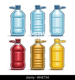 Vector Set de grandes bouteilles en plastique avec couvercle pour l'eau, collection de 6 couleurs jaune et rouge plein gallon contenants avec poignée pour l'huile de cuisson ou ch Illustration de Vecteur