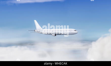 Maquette d'avion blanc vierge sur fond de ciel, vue latérale Banque D'Images