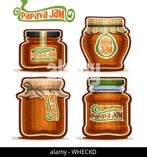 Vector set de confiture de papaye dans un bocal en verre avec couvercle, couvercle papier isolé sur blanc. Illustration de Vecteur