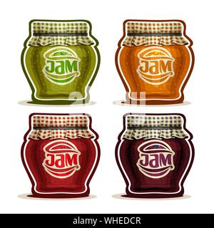 Vector set de la confiture de fruits en pot en verre avec couvercle en tissu à carreaux, isolé sur blanc. Illustration de Vecteur