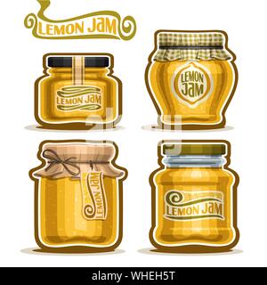 Vector set de Marmelade de citron dans un bocal en verre avec couvercle papier, jaune citron fait maison rustique pot de confitures, corde, ficelle bow fruits maison pot de confiture, gelée de citron pot Illustration de Vecteur