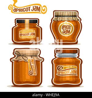 Vector set de confiture d'Abricots dans des bocaux en verre avec couvercle, couvercle papier isolé sur blanc. Illustration de Vecteur