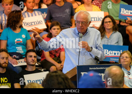 Raymond, New Hampshire, USA. Du 1er septembre 2019. Le candidat démocrate BERNIE SANDERS parle à un rassemblement à Raymond, New Hampshire. Credit : Preston Ehrler/ZUMA/Alamy Fil Live News Banque D'Images