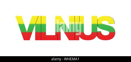 VILNIUS. La bannière avec le nom de la capitale de la Lituanie est peint dans les couleurs du drapeau national. Illustration de Vecteur