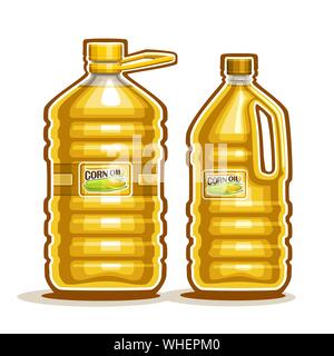 Grand Vecteur de bouteilles en plastique jaune avec de l'huile de maïs et de l'étiquette, gallon rempli contenant de l'huile de cuisson du maïs, caricature grand récipient avec liquide visqueux avec Illustration de Vecteur