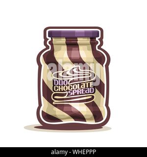 Jar pour vecteur tourbillon Duo chocolat à tartiner avec étiquette, récipient avec lait crème de noisette brun avec bouchon mauve, pot avec du beurre de noix dessert avec couvercle Illustration de Vecteur