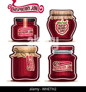 Vector set de la confiture de framboises dans des bocaux en verre avec couvercle papier, isolé sur blanc. Illustration de Vecteur