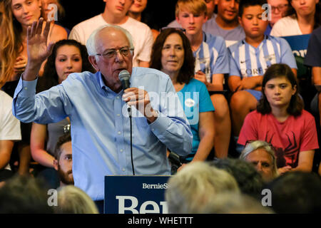 Raymond, New Hampshire, USA. Du 1er septembre 2019. Le candidat démocrate BERNIE SANDERS parle à un rassemblement à Raymond, New Hampshire. Credit : Preston Ehrler/ZUMA/Alamy Fil Live News Banque D'Images