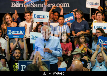 Raymond, New Hampshire, USA. Du 1er septembre 2019. Le candidat démocrate BERNIE SANDERS parle à un rassemblement à Raymond, New Hampshire. Credit : Preston Ehrler/ZUMA/Alamy Fil Live News Banque D'Images