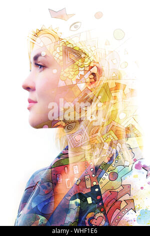 Paintography. Double Exposure of woman's profile se dissoudre dans les particules colorées et de formes Banque D'Images