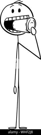 Vector cartoon stick figure dessin illustration conceptuelle de l'homme peut ou non ouvert avec l'étain dans la bouche, en essayant de manger la nourriture en boîte ou en conserve. Illustration de Vecteur