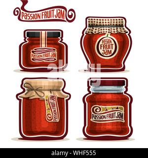 Vector set de fruits de la passion de la confiture dans les pots avec couvercle couvercle papier, isolé sur blanc. Illustration de Vecteur