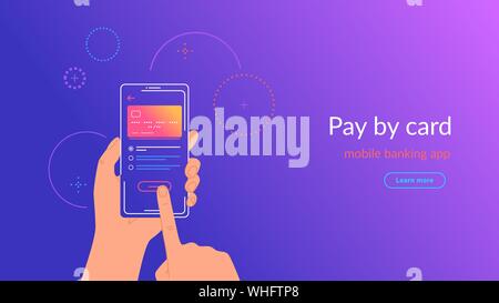 Application mobile banking et de paiement par carte de crédit via portefeuille électronique sans fil et facile. Illustration vecteur lumineux en ligne de paiement par téléphone mobile un Illustration de Vecteur