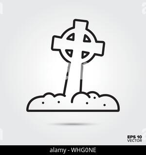 Pierre tombale croix celtique sur l'icône de style contour grave. Halloween symbole. Cartoon vector illustration spooky. Illustration de Vecteur