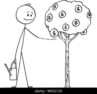 Vector cartoon stick figure dessin illustration conceptuelle de l'homme ou homme d'arrosage petit arbre avec de l'argent fruit avec symbole du dollar. Illustration de Vecteur