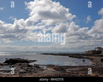 Grand ciel nuages au-dessus de la baie dans un paysage marin avec des rochers sur la rive de l'estuaire de la Forth à Anstruther, East Neuk,Fife, Écosse, Royaume-Uni Banque D'Images