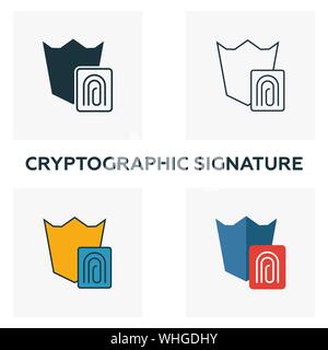 Signature cryptographique icon set. Quatre éléments dans diférents styles à partir d'icônes devise crypto collection. Icônes signature cryptographique créative Illustration de Vecteur
