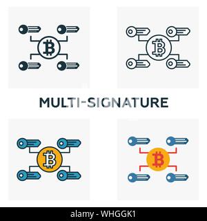 Multi-Signature icon set. Quatre éléments dans diférents styles à partir d'icônes devise crypto collection. Creative multi-signature, contours remplis d'icônes Illustration de Vecteur