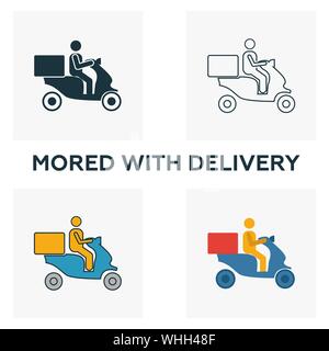 Livraison de nourriture de cyclomoteurs icon set. Quatre éléments dans diférents styles à partir d'icônes de fast-food collection. Livraison de plats créatifs du cyclomoteur, contours remplis d'icônes Illustration de Vecteur