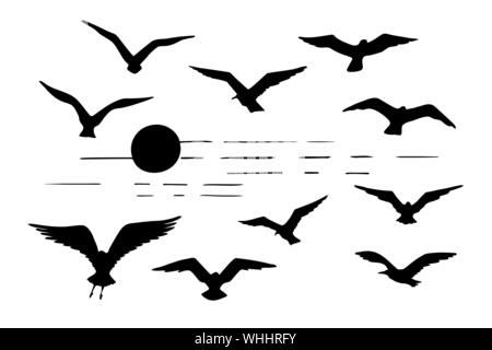 Jeu de silhouettes mouettes oiseaux volants noir et silhouette soleil isolé sur fond blanc Illustration de Vecteur