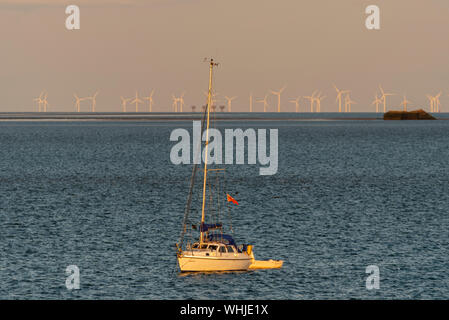 Location de canot bateau amarré au large de Southend, dans l'estuaire de la Tamise avec Kentish Flats parc éolien offshore, Mulberry Harbour et sables rouges forts Maunsell Banque D'Images