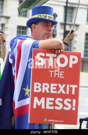 Londres, Royaume-Uni. 09Th Sep 2019. Principaux militant Brexit Steve Bray est titulaire d'une plaque au cours de l'Escale Brexit, arrêter le coup d'État, la démocratie Pro manifestation devant le bureau du Cabinet. Credit : SOPA/Alamy Images Limited Live News Banque D'Images