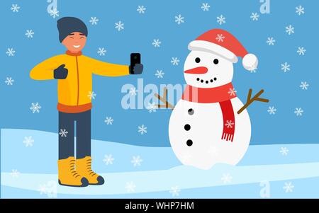 Homme heureux avec un smartphone, prend une photo d'un bonhomme sur l'arrière-plan d'un paysage d'hiver avec la chute des flocons de neige. Modèle plat. Vector Illustration de Vecteur
