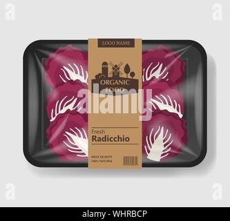 Feuilles de salade de radicchio avec plateau en plastique contenant avec couvercle de la cellophane. Rétro. Maquette de modèle pour votre salade. Récipient alimentaire en plastique Illustration de Vecteur