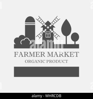 Marché fermier logo concept. Modèle avec paysage agricole. Pour l'étiquette, des produits agricoles biologiques et naturels. Logo noir isolé sur fond gris Illustration de Vecteur