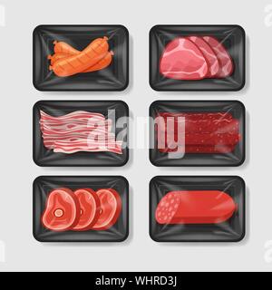 Divers produits de viande dans le plateau en plastique contenant avec couvercle de la cellophane. Modèle de maquette pour votre conception. Récipient alimentaire en plastique. Vector illustration. Illustration de Vecteur